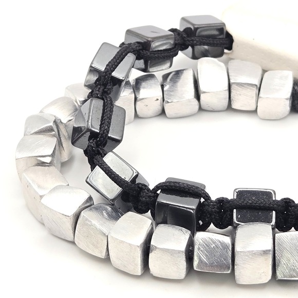 Isabella New York Jewelry - Isabella Adjustable Hematite Cube Bead Bracelet And Silver Tone Aluminum‎ Black